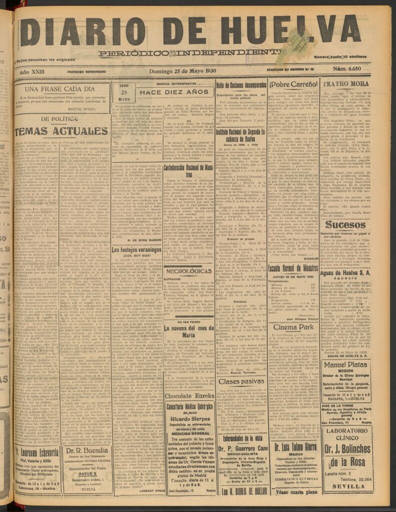Miniatura de Diario de Huelva : periódico independiente del 25 de mayo de 1930