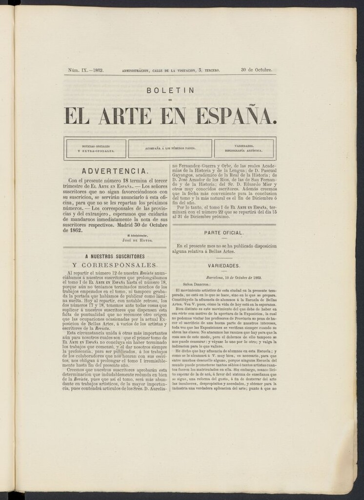 Miniatura de El Arte en España: revista quincenal de las artes del dibujo del 30 de octubre de 1862, nº 9