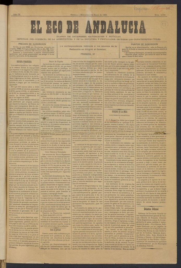 Miniatura de El Eco de Andalucía: diario de intereses materiales y noticias del 4 de enero de 1888