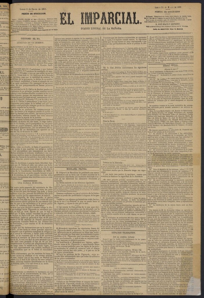 Miniatura de Diario El Imparcial del 11 de enero de 1869
