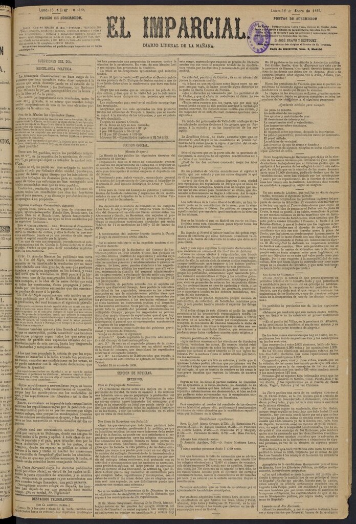 Miniatura de Diario El Imparcial del 18 de enero de 1869