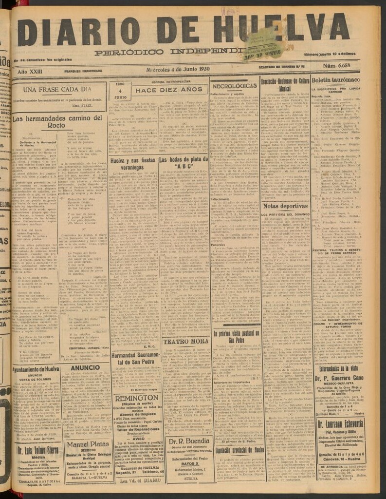 Miniatura de Diario de Huelva : periódico independiente del 4 de junio de 1930