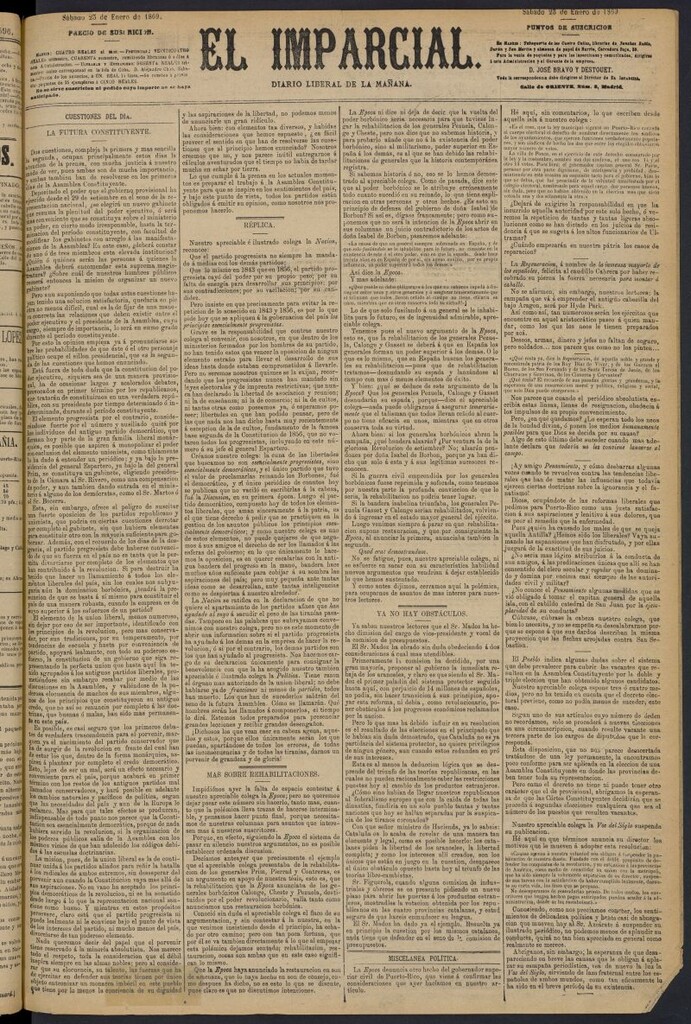 Miniatura de Diario El Imparcial del 23 de enero de 1869