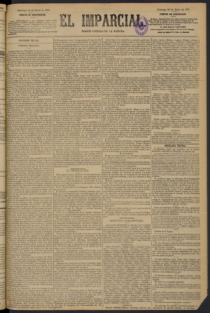 Miniatura de Diario El Imparcial del 24 de enero de 1869