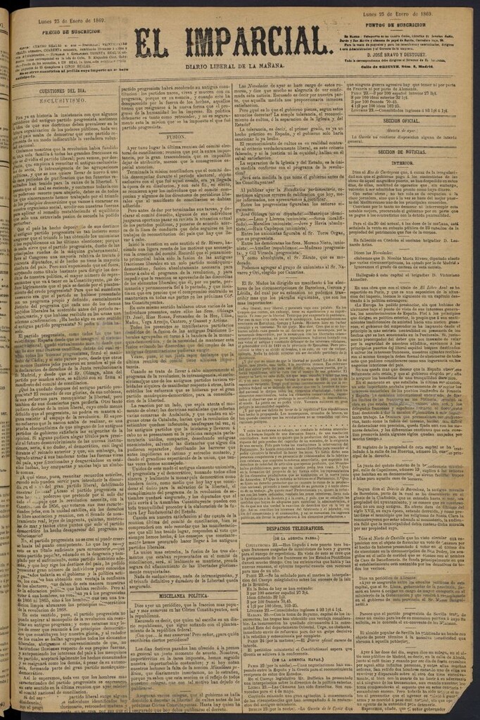 Miniatura de Diario El Imparcial del 25 de enero de 1869