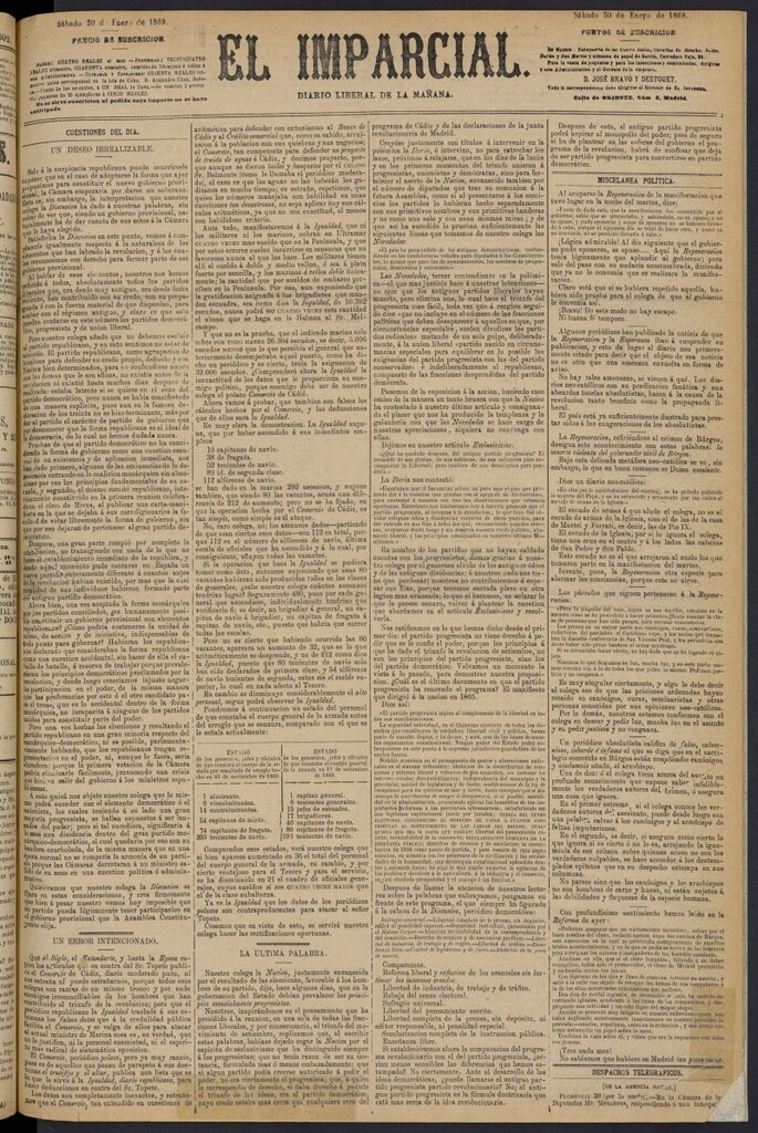 Miniatura de Diario El Imparcial del 30 de enero de 1869