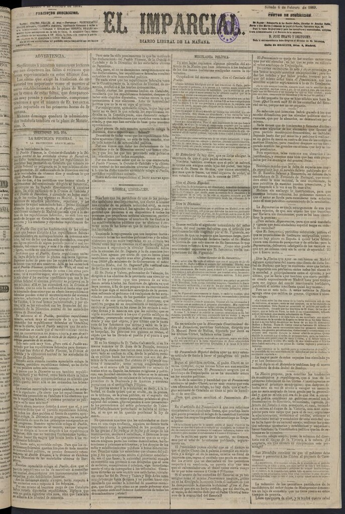 Miniatura de Diario El Imparcial del 6 de febrero de 1869