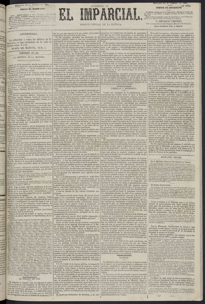 Miniatura de Diario El Imparcial del 10 de febrero de 1869