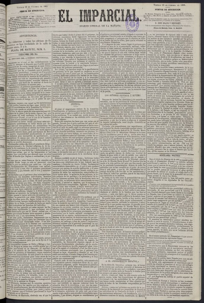 Miniatura de Diario El Imparcial del 12 de febrero de 1869