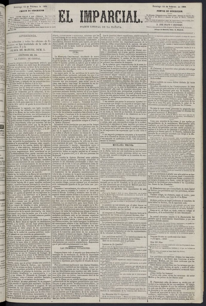 Miniatura de Diario El Imparcial del 14 de febrero de 1869