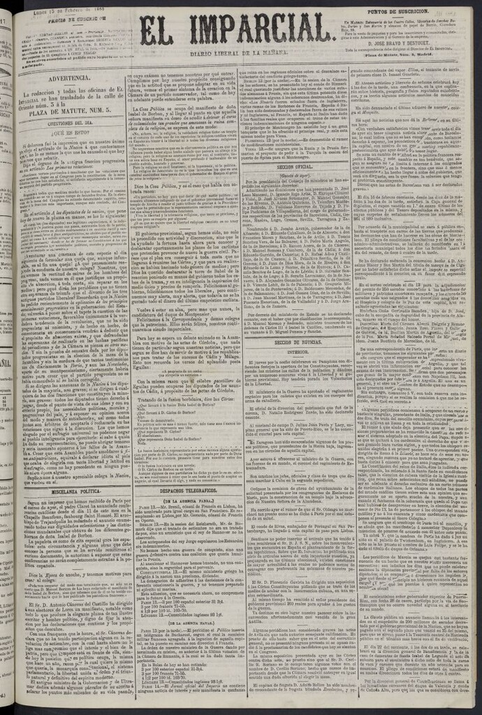 Miniatura de Diario El Imparcial del 15 de febrero de 1869