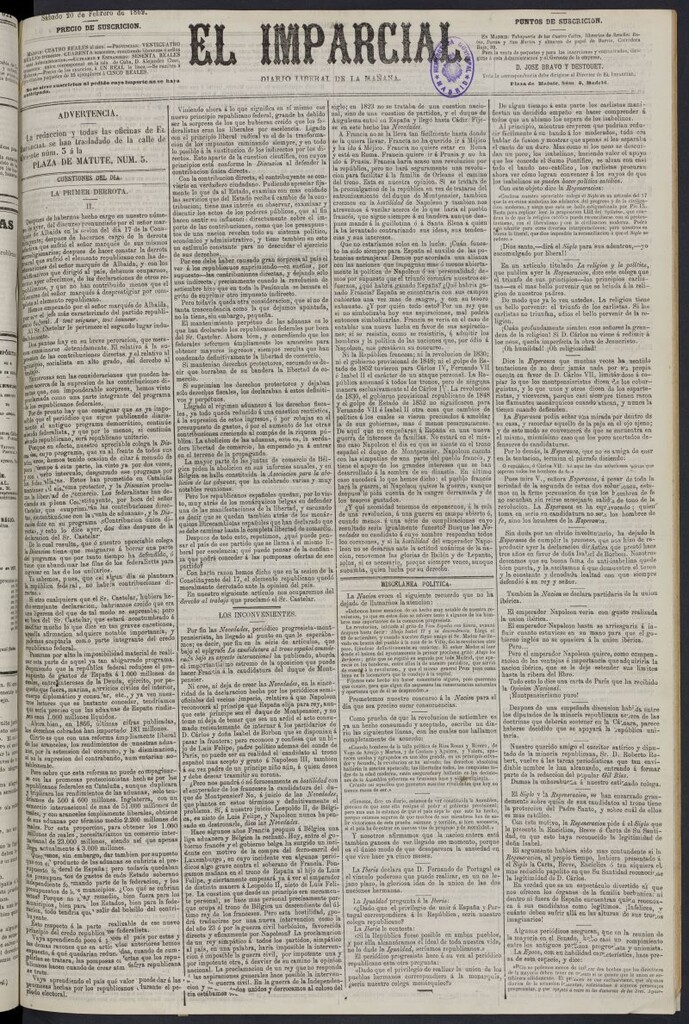 Miniatura de Diario El Imparcial del 20 de febrero de 1869