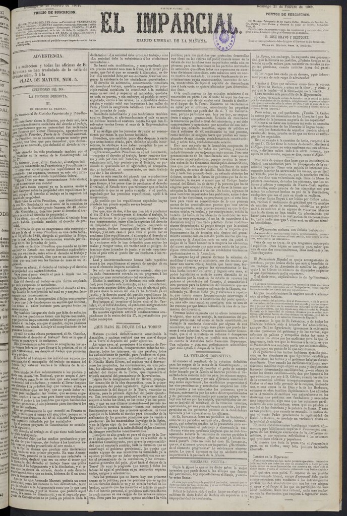 Miniatura de Diario El Imparcial del 21 de febrero de 1869