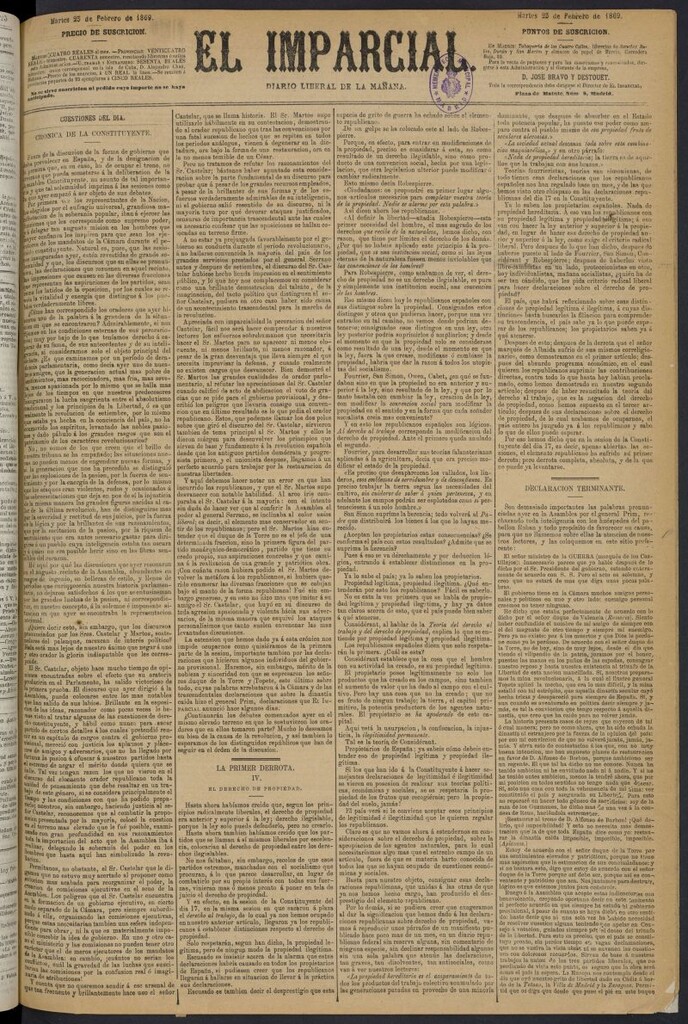 Miniatura de Diario El Imparcial del 23 de febrero de 1869