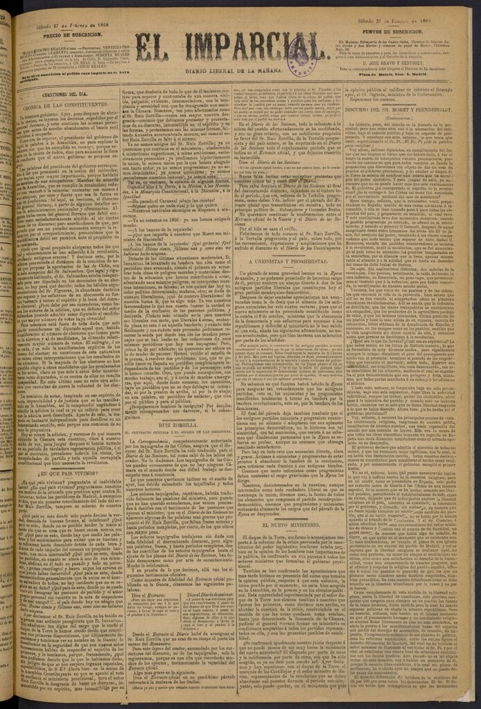 Miniatura de Diario El Imparcial del 27 de febrero de 1869