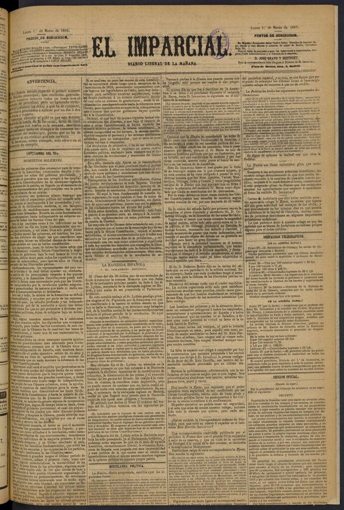 Miniatura de Diario El Imparcial del 1 de marzo de 1869