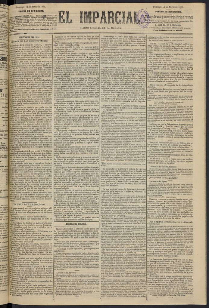 Miniatura de Diario El Imparcial del 14 de marzo de 1869