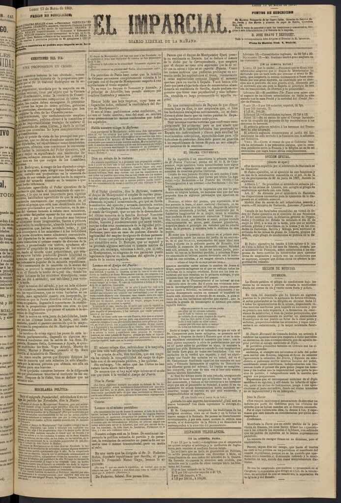Miniatura de Diario El Imparcial del 15 de marzo de 1869