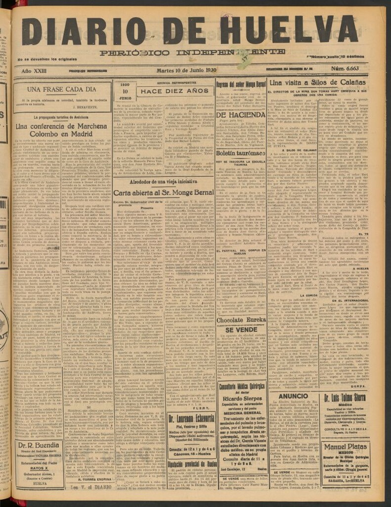 Miniatura de Diario de Huelva : periódico independiente del 10 de junio de 1930