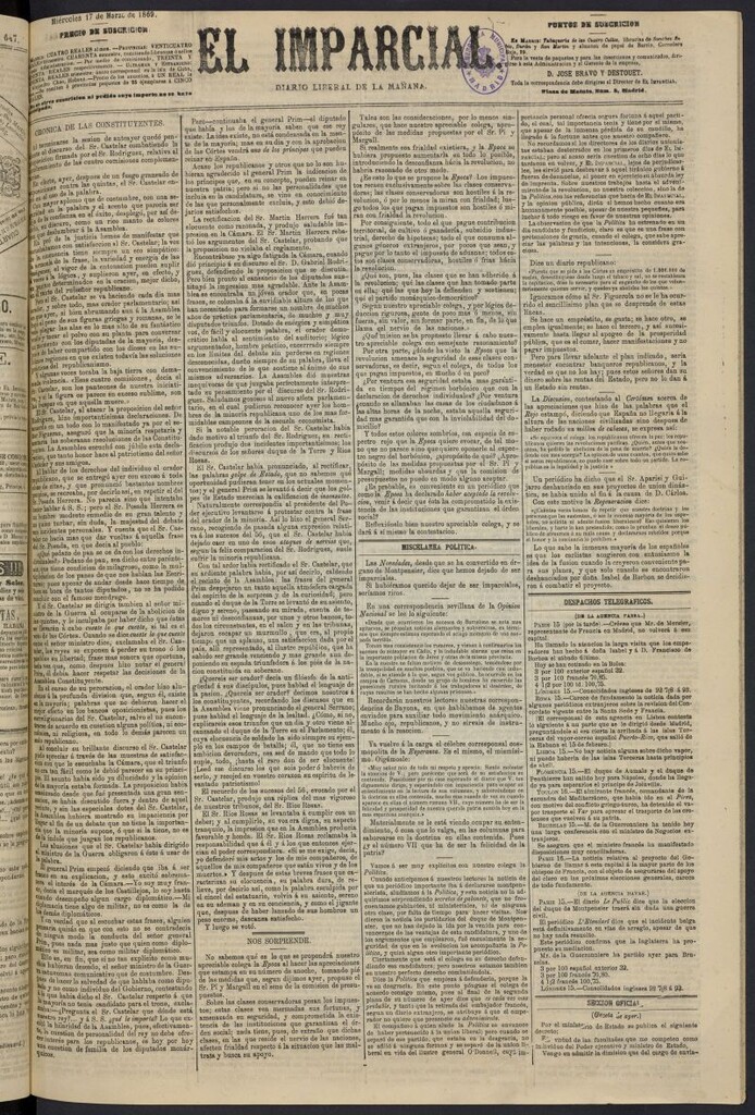 Miniatura de Diario El Imparcial del 17 de marzo de 1869