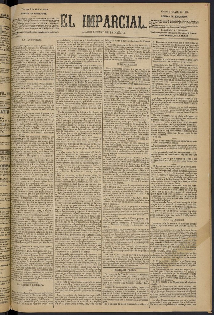 Miniatura de Diario El Imparcial del 2 de abril de 1869