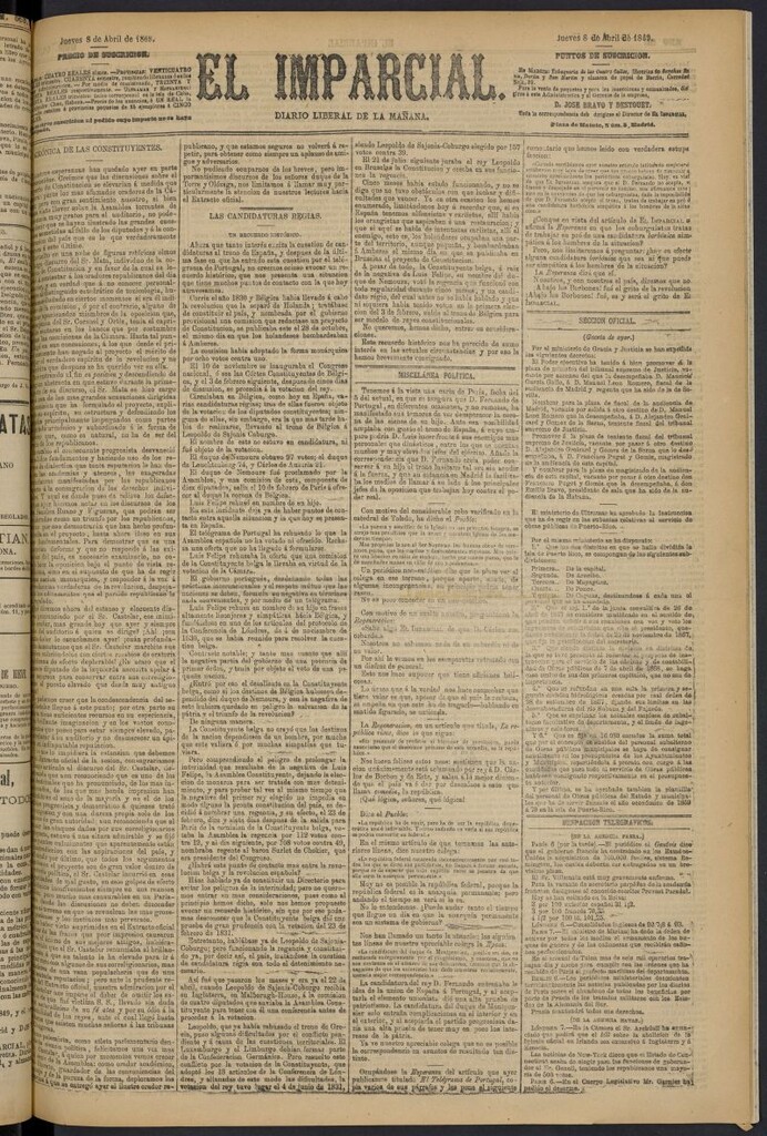 Miniatura de Diario El Imparcial del 8 de abril de 1869