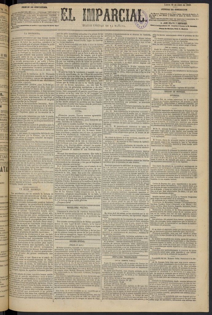 Miniatura de Diario El Imparcial del 12 de abril de 1869