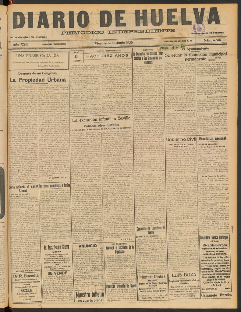 Miniatura de Diario de Huelva : periódico independiente del 13 de junio de 1930