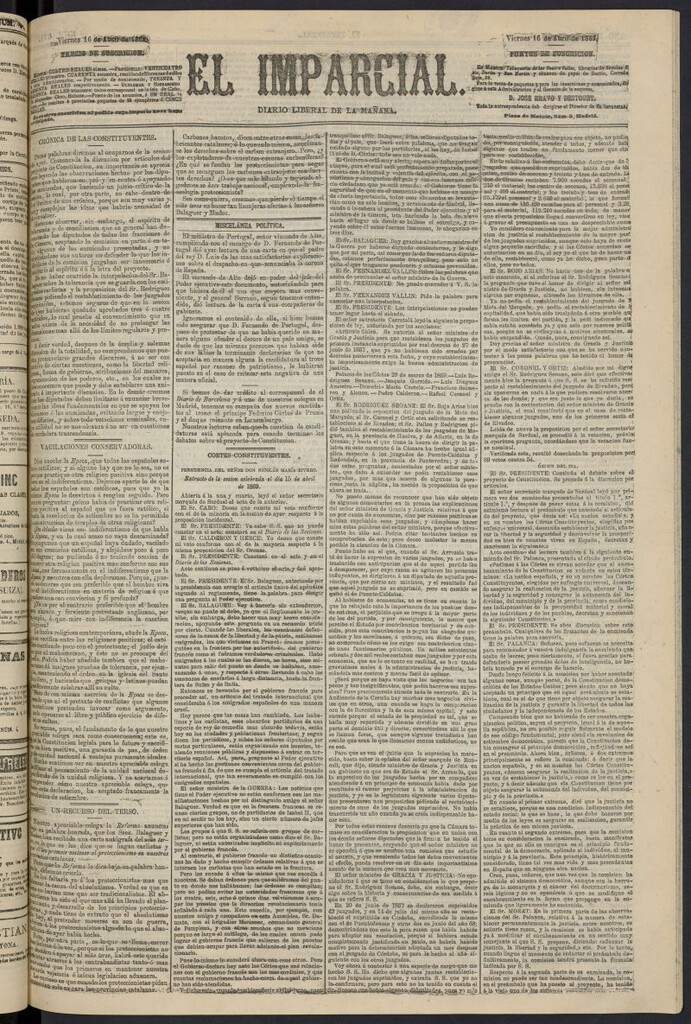 Miniatura de Diario El Imparcial del 16 de abril de 1869