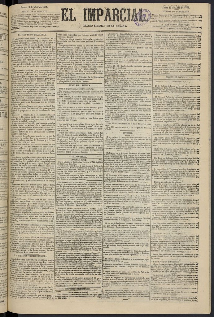 Miniatura de Diario El Imparcial del 19 de abril de 1869