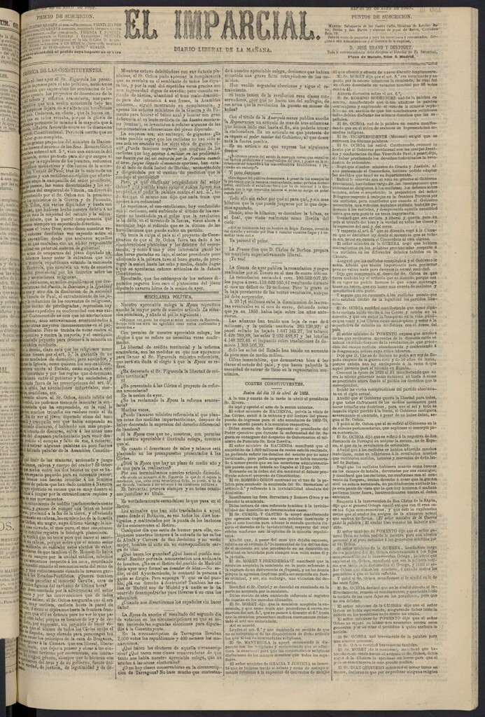 Miniatura de Diario El Imparcial del 20 de abril de 1869