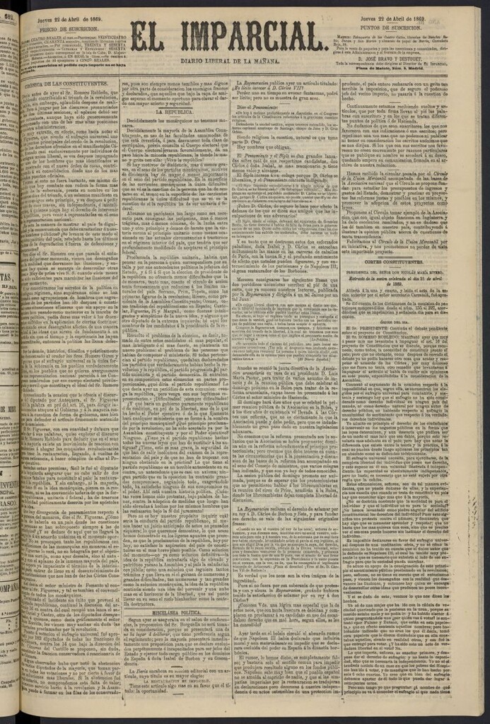 Miniatura de Diario El Imparcial del 22 de abril de 1869