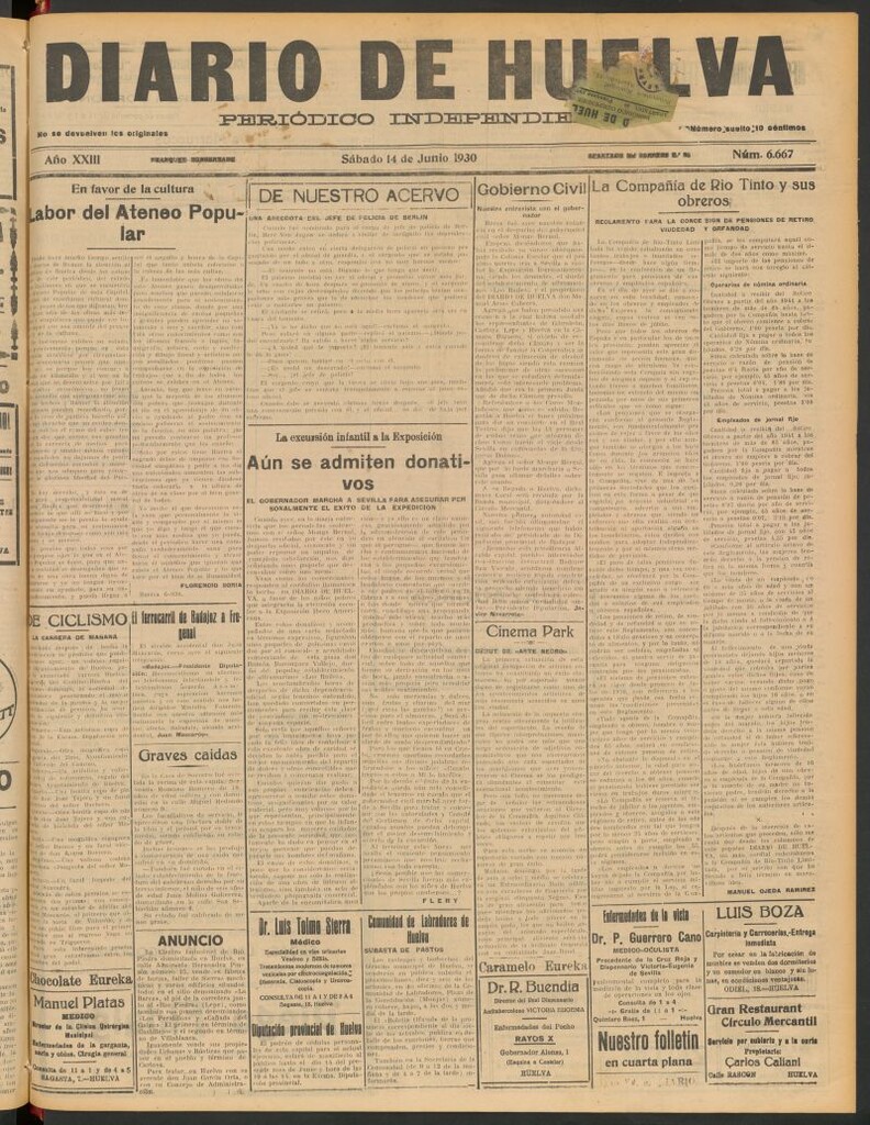 Miniatura de Diario de Huelva : periódico independiente del 14 de junio de 1930