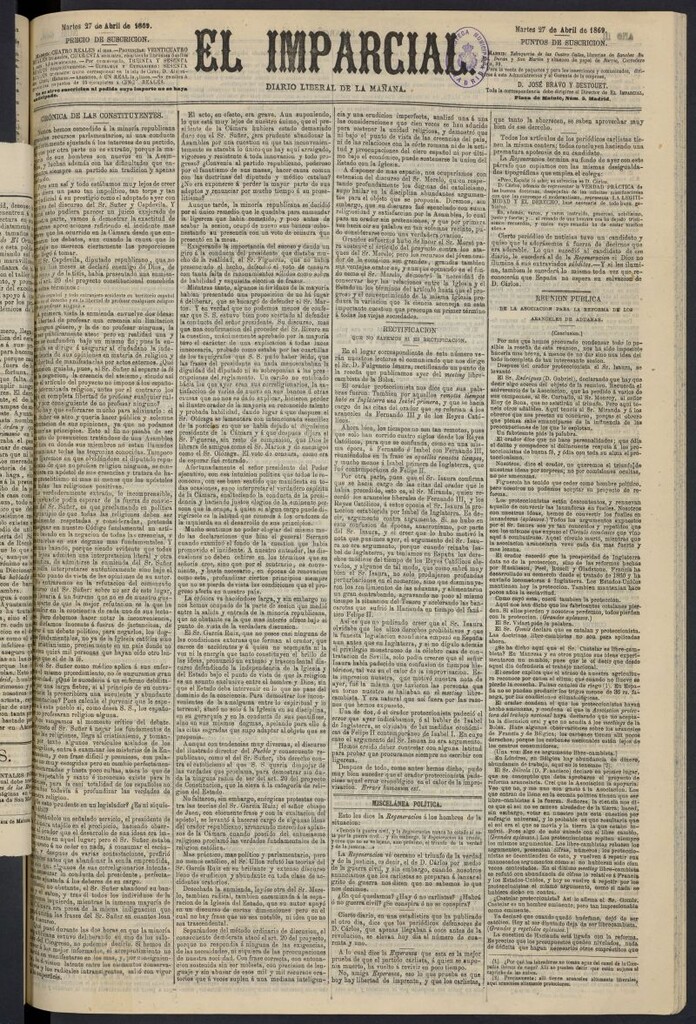 Miniatura de Diario El Imparcial del 27 de abril de 1869