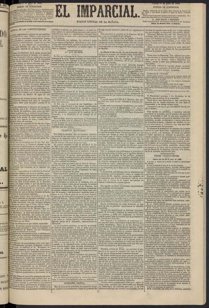 Miniatura de Diario El Imparcial del 30 de abril de 1869