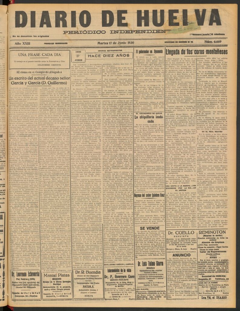 Miniatura de Diario de Huelva : periódico independiente del 17 de junio de 1930