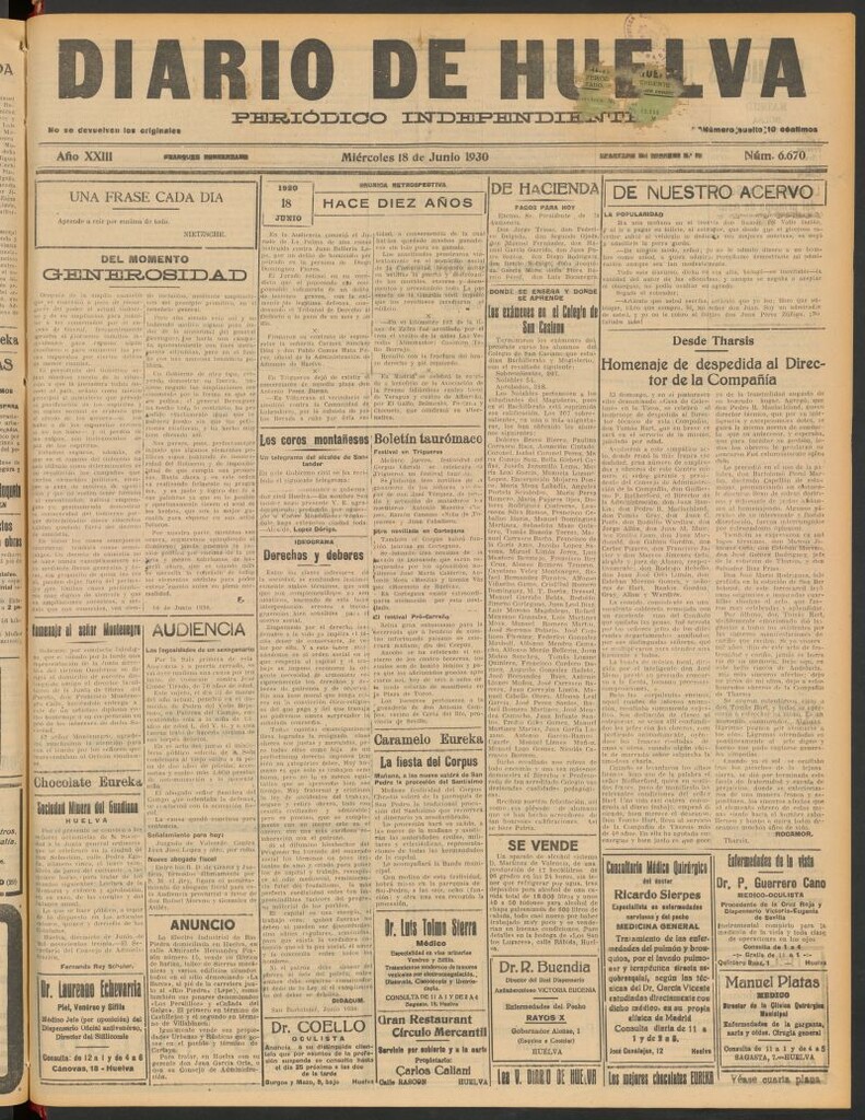 Miniatura de Diario de Huelva : periódico independiente del 18 de junio de 1930