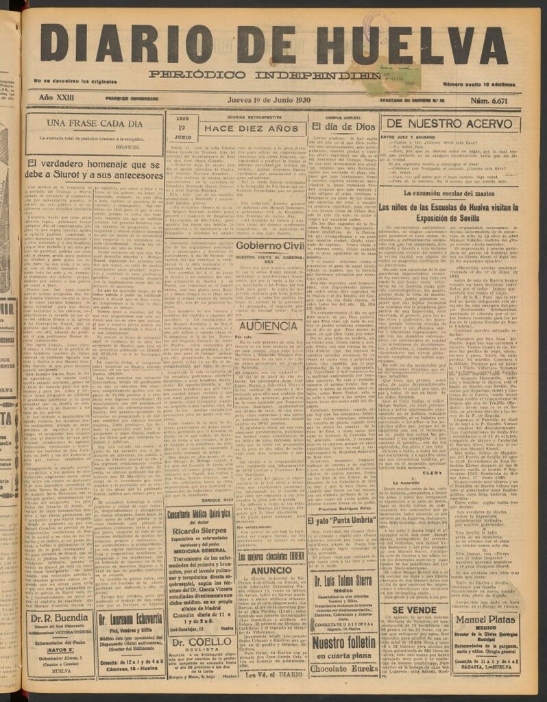 Miniatura de Diario de Huelva : periódico independiente del 19 de junio de 1930