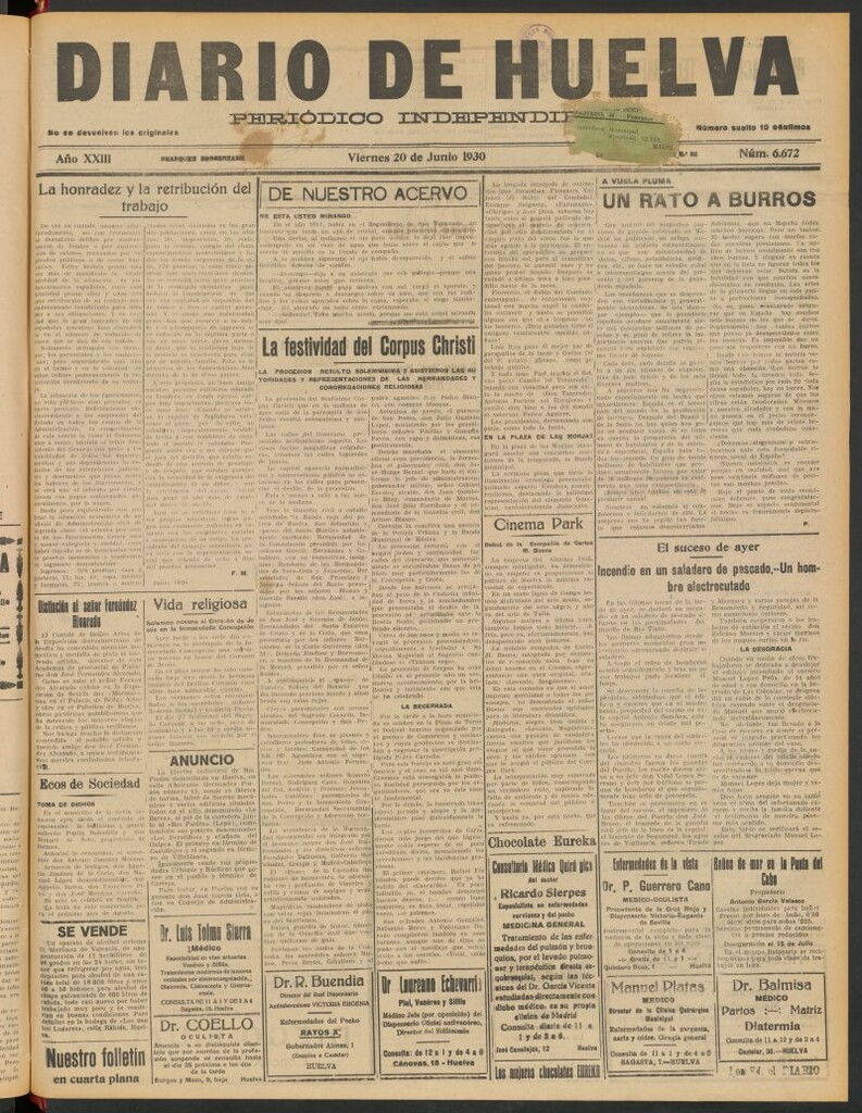 Miniatura de Diario de Huelva : periódico independiente del 20 de junio de 1930
