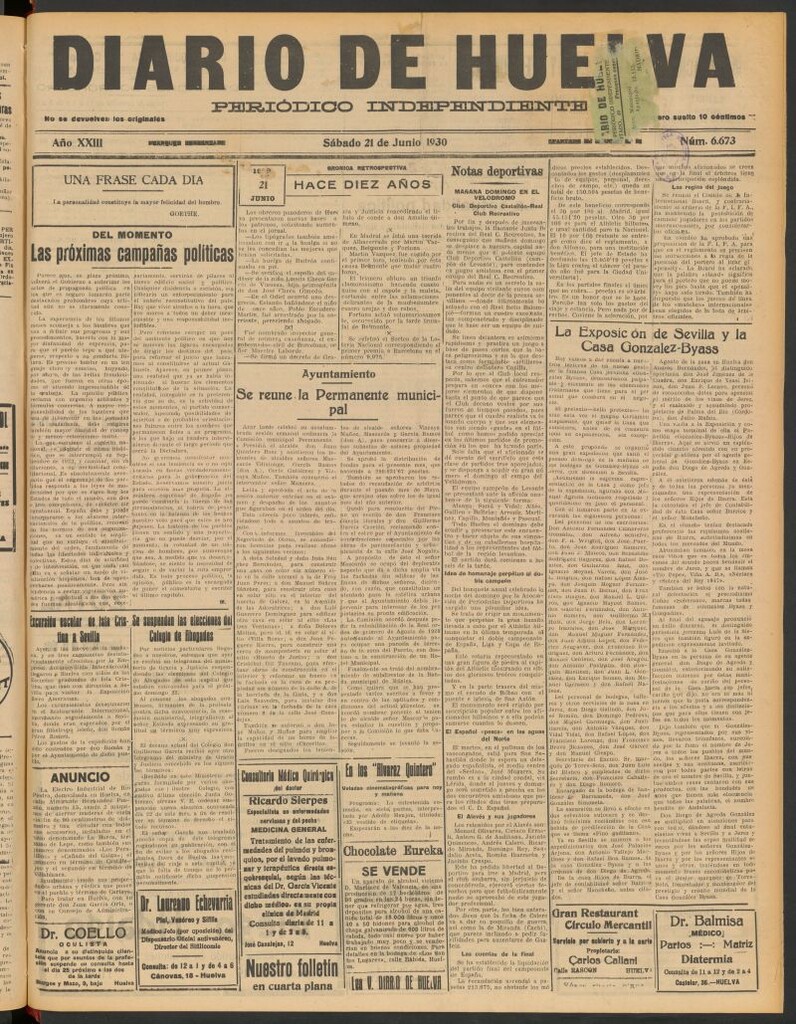 Miniatura de Diario de Huelva : periódico independiente del 21 de junio de 1930