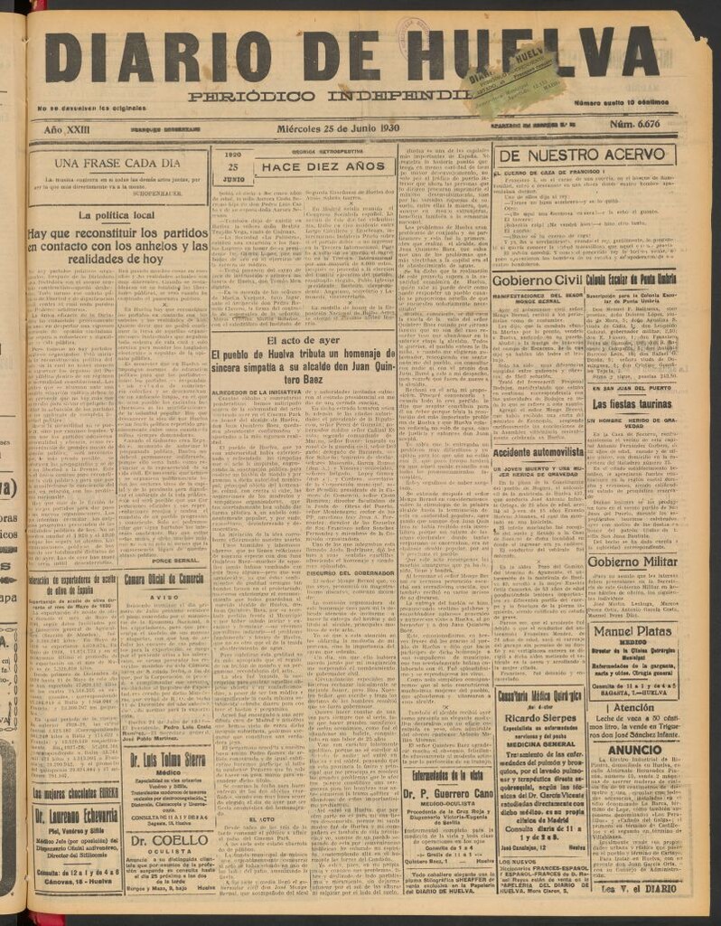 Miniatura de Diario de Huelva : periódico independiente del 25 de junio de 1930