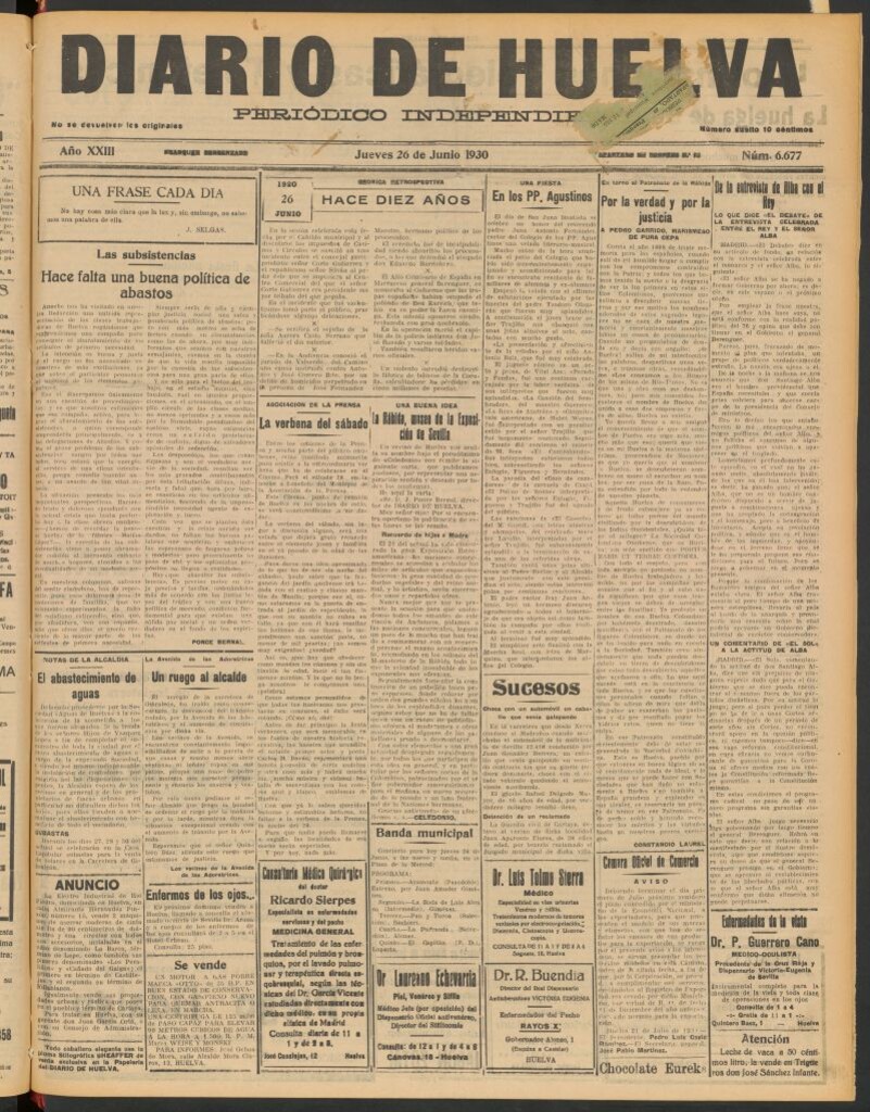 Miniatura de Diario de Huelva : periódico independiente del 26 de junio de 1930