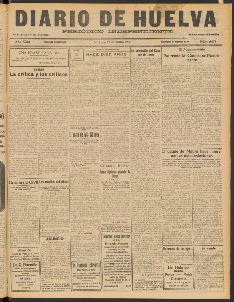Miniatura de Diario de Huelva : periódico independiente del 27 de junio de 1930