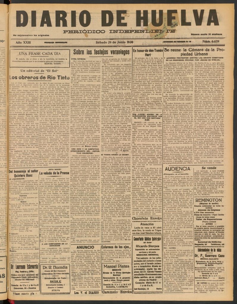Miniatura de Diario de Huelva : periódico independiente del 28 de junio de 1930