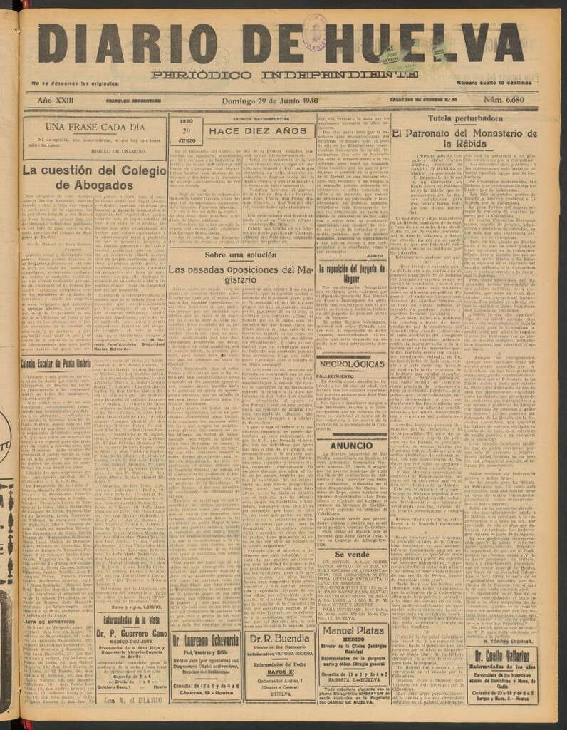 Miniatura de Diario de Huelva : periódico independiente del 29 de junio de 1930
