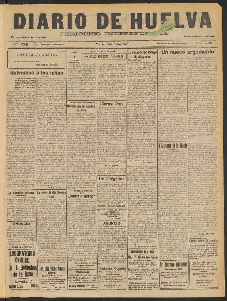 Miniatura de Diario de Huelva : periódico independiente del 1 de julio de 1930
