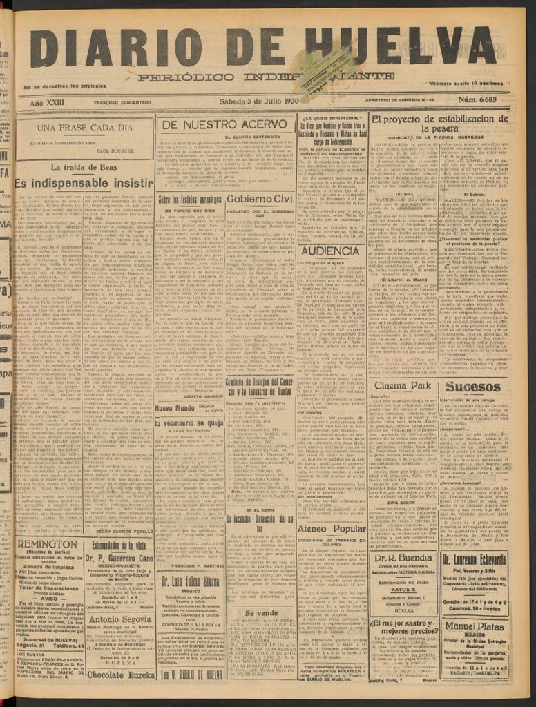 Miniatura de Diario de Huelva : periódico independiente del 5 de julio de 1930