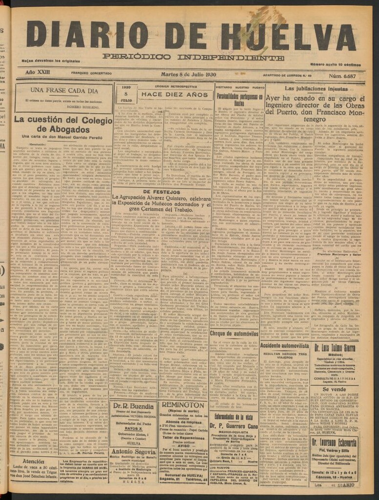 Miniatura de Diario de Huelva : periódico independiente del 8 de julio de 1930