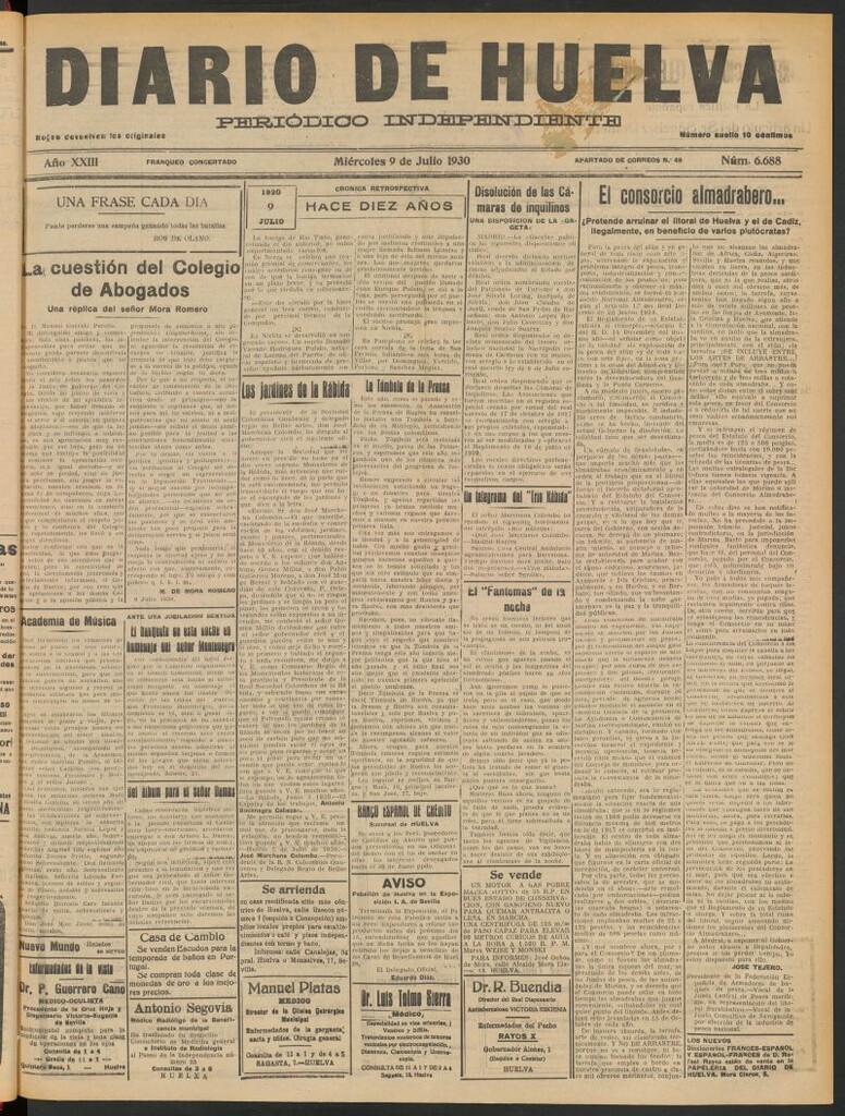 Miniatura de Diario de Huelva : periódico independiente del 9 de julio de 1930