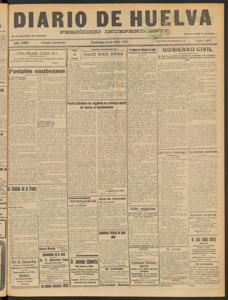 Miniatura de Diario de Huelva : periódico independiente del 13 de julio de 1930